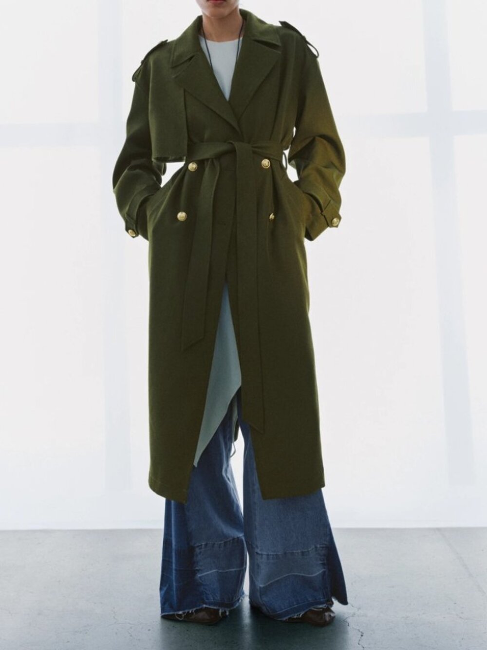 Olive Green Oversized Belted Double Breasted Midi Trench Coat